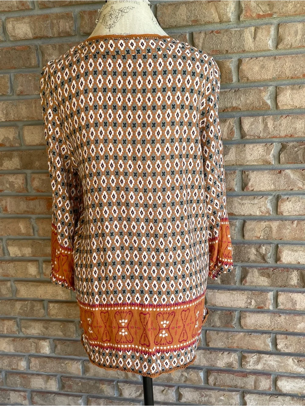 Pleione Orange Patterned Tassel-Front Boho Peasant Top.